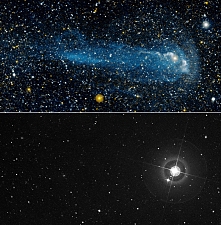 Mira in ultraviolet (top) and visible light. Image credit: NASA/JPL-Caltech/POSS-II/DSS/C. Martin (Caltech)/M. Seibert(OCIW)